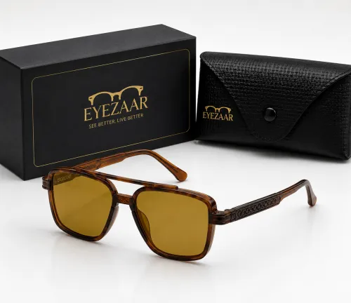 Eyezaar Vintage Brown Square Sunglasses with Amber Lenses for Men & Women | Model: EYEZAAR-0021